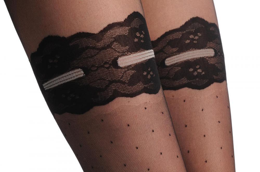 Liss Kiss Black Dotted With Lace Garter And Top & Grey Ribbon With Bow 20 Den - Tights