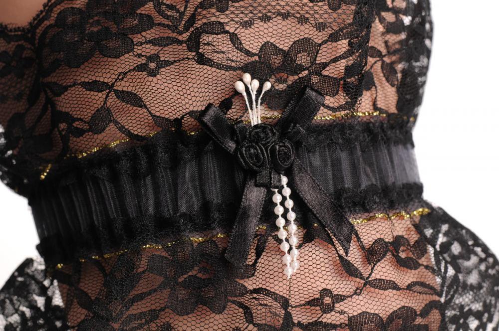 Liss Kiss Black Double Lace Garter With Gold Trim Black Roses & Faux Pearls - Garter