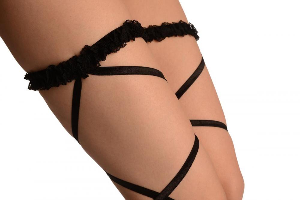 Liss Kiss Black Elasticated Ribbon Leg Wrap & Lace Garter - Leg Warmers