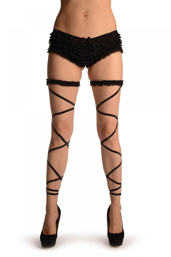 liss kiss Black Elasticated Ribbon Leg Wrap & Lace Garter - Leg Warmers