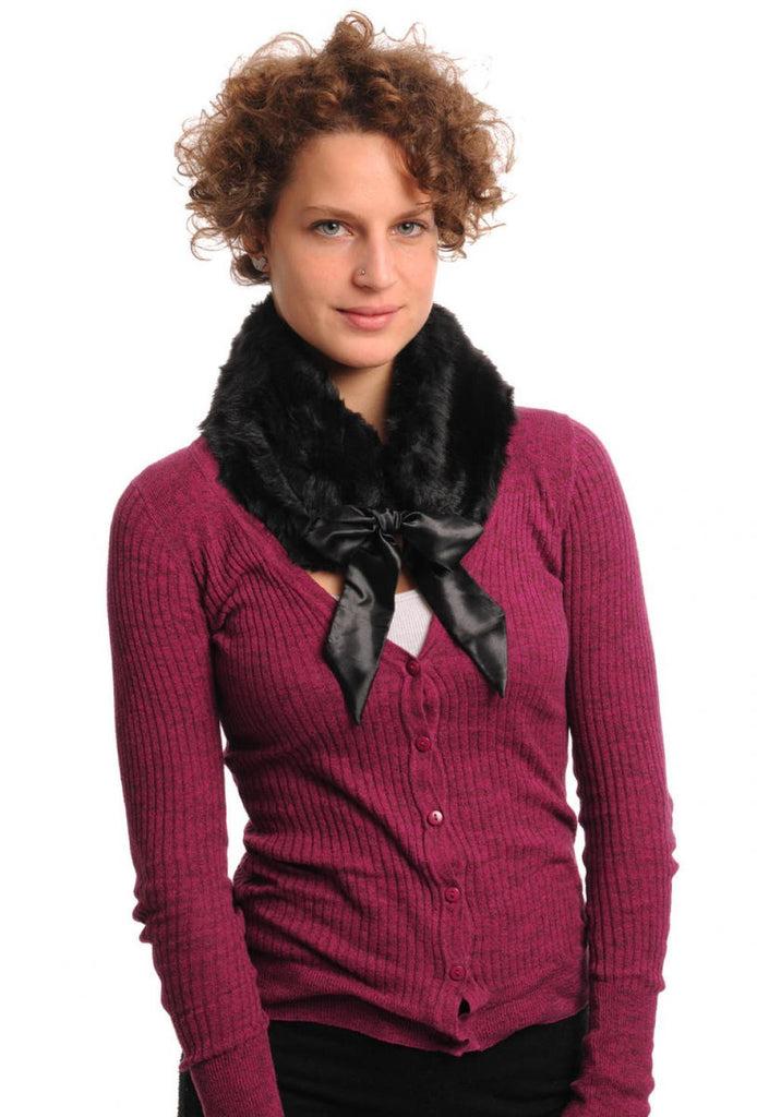 Liss Kiss Black Faux Fur Collar With Satin Bow Collar Scarf - Collar