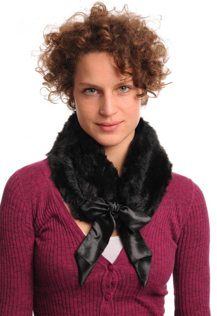 liss kiss Black Faux Fur Collar With Satin Bow Collar Scarf - Collar