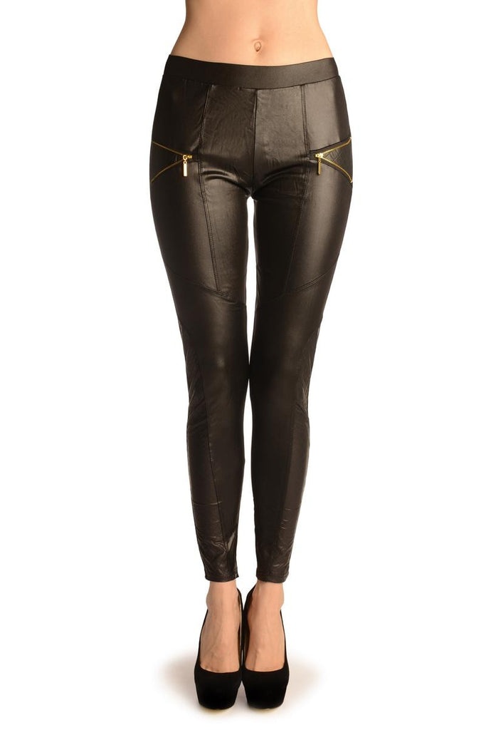 Liss Kiss Black Faux Leather With Open Zip - Leggings