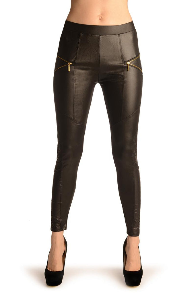 Liss Kiss Black Faux Leather With Open Zip - Leggings