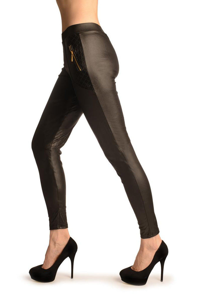 Liss Kiss Black Faux Leather With Zipped Pockets - Leggings