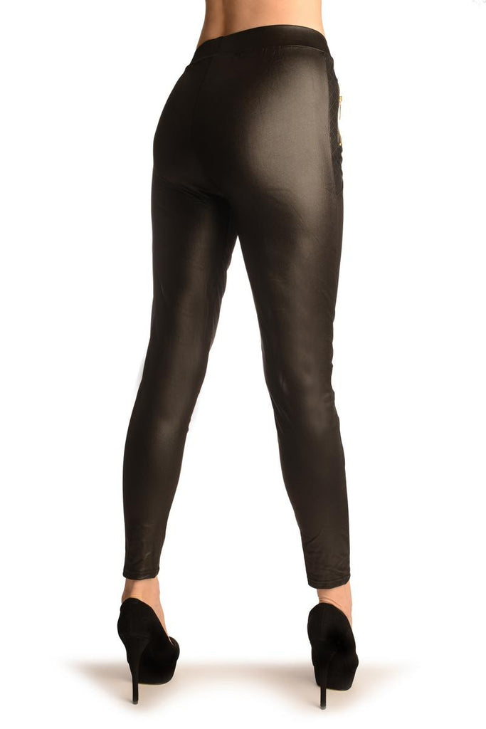 Liss Kiss Black Faux Leather With Zipped Pockets - Leggings