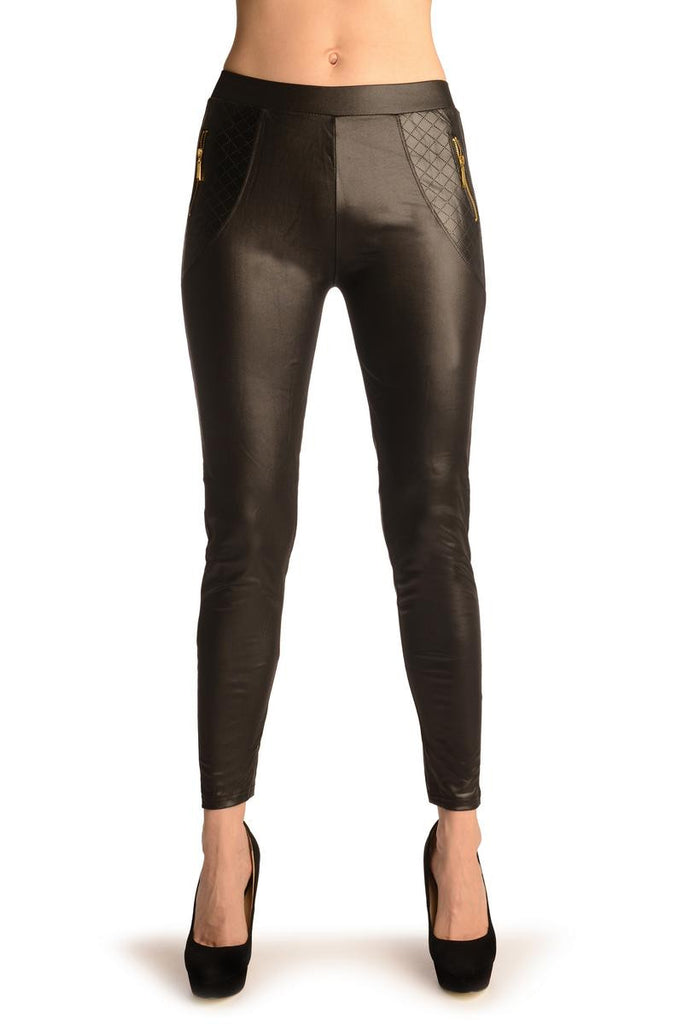 liss kiss Black Faux Leather With Zipped Pockets - Leggings
