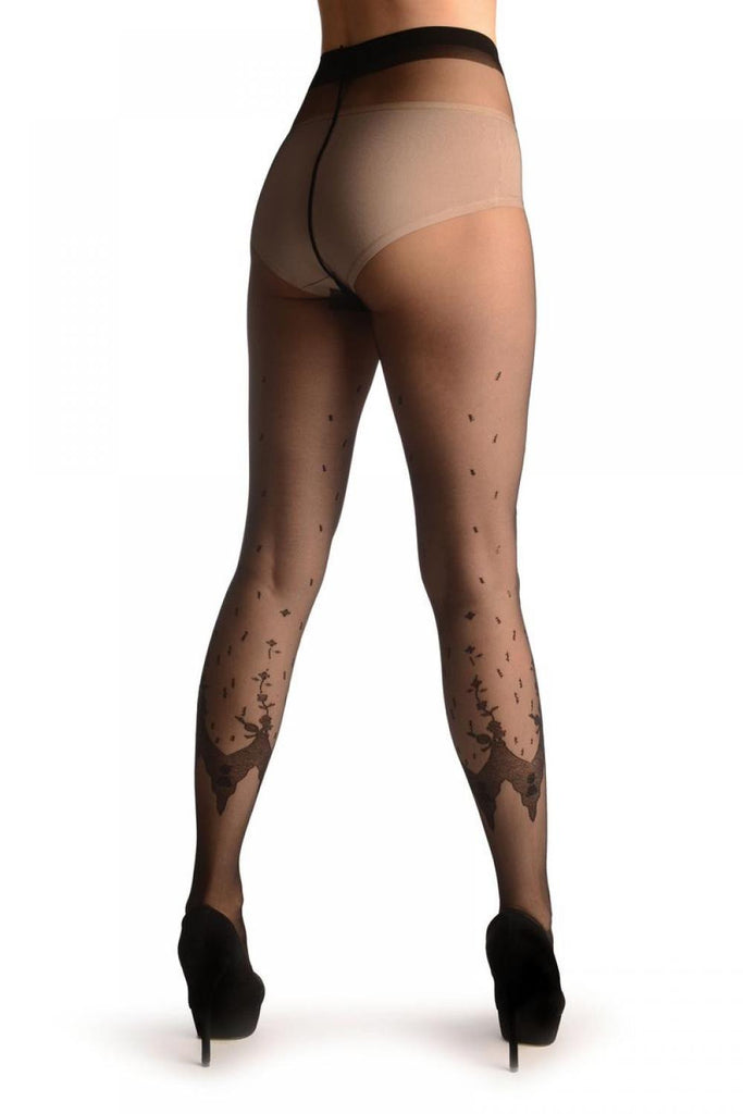 Liss Kiss Black Faux Leggings With Floral Lace Trim - Tights