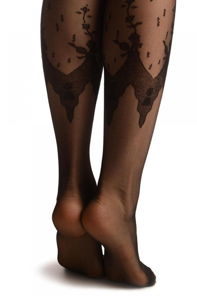 Liss Kiss Black Faux Leggings With Floral Lace Trim - Tights