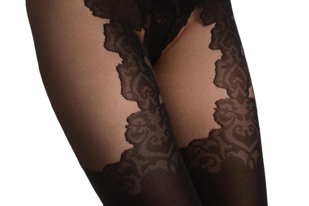 Liss Kiss Black Faux Seamed Elegant Lace Stocking With Suspenders 40 Den - Tights