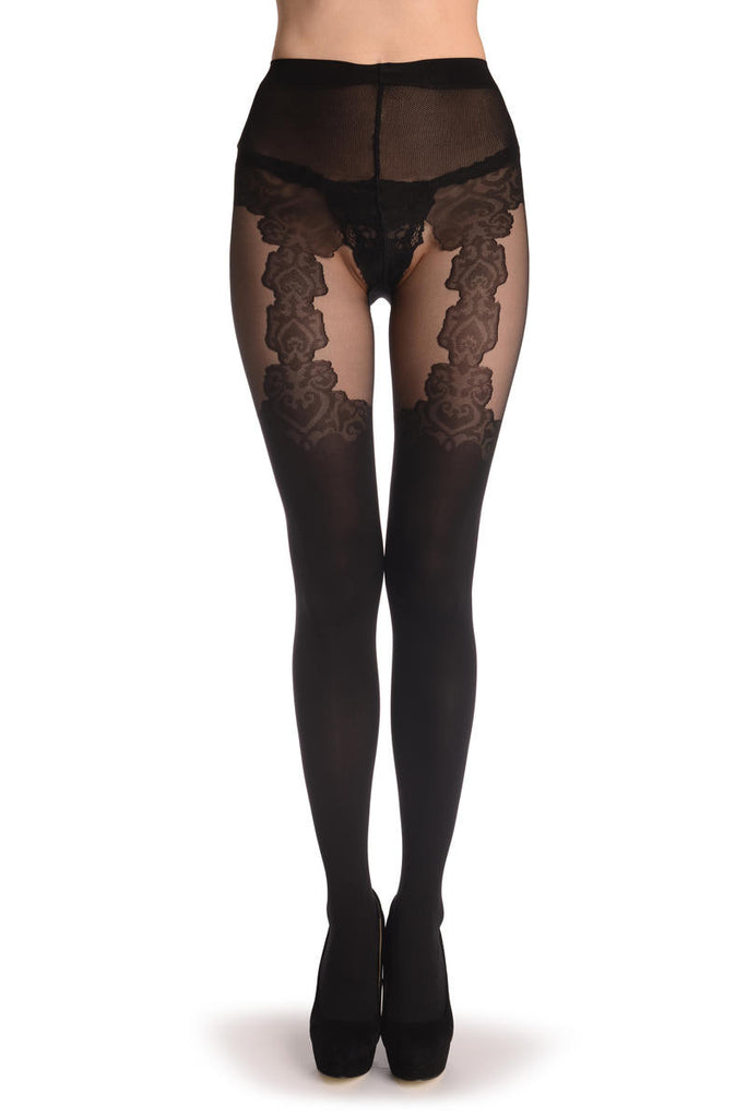 liss kiss Black Faux Seamed Elegant Lace Stocking With Suspenders 40 Den - Tights