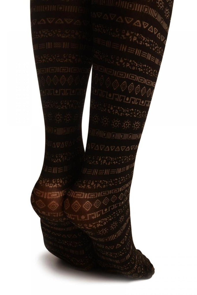 Liss Kiss Black Faux Stockigns Witbh Nude Top & Aztec Symbols - Tights