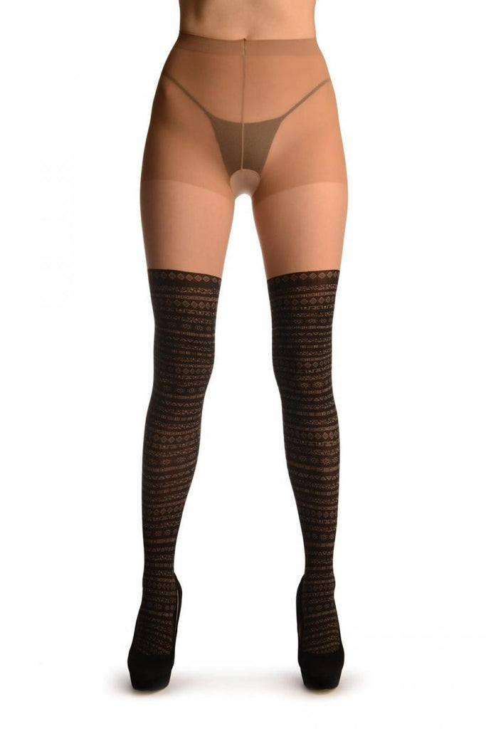 Liss Kiss Black Faux Stockigns Witbh Nude Top & Aztec Symbols - Tights