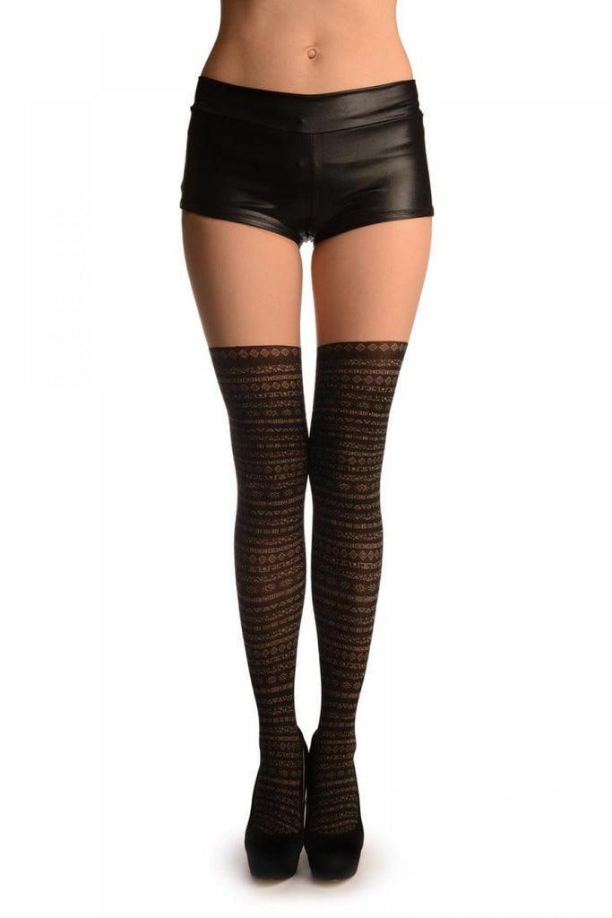 liss kiss Black Faux Stockigns Witbh Nude Top & Aztec Symbols - Tights