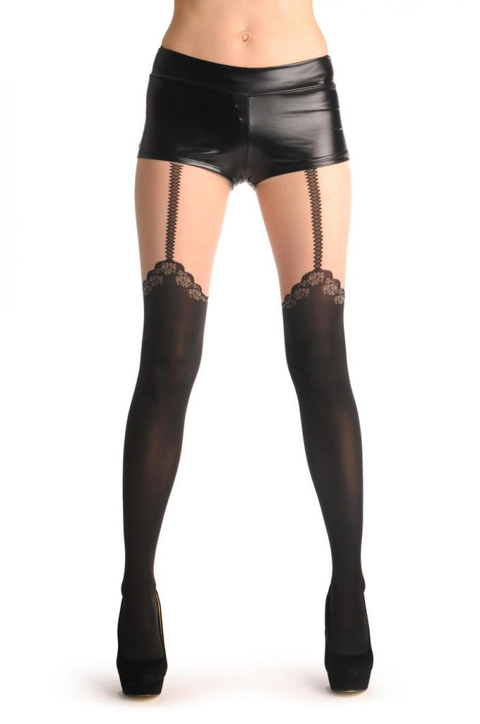 Liss Kiss Black Faux Stocking With Woven Roses & Suspender Belt - Tights