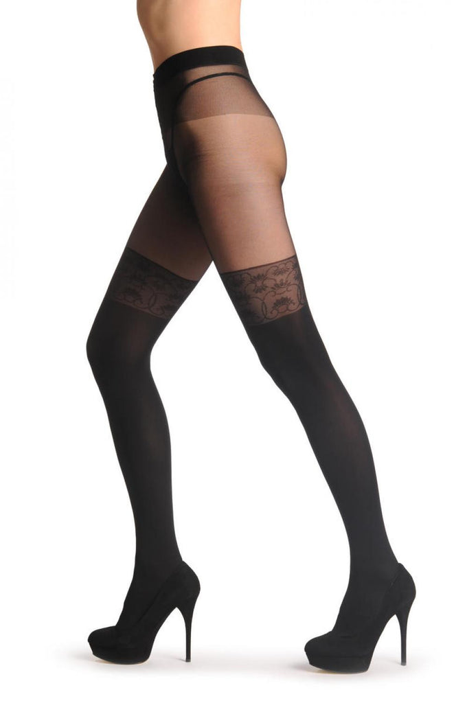 Liss Kiss Black Faux Stockings With Floral Woven Lace Top 60 Den - Tights