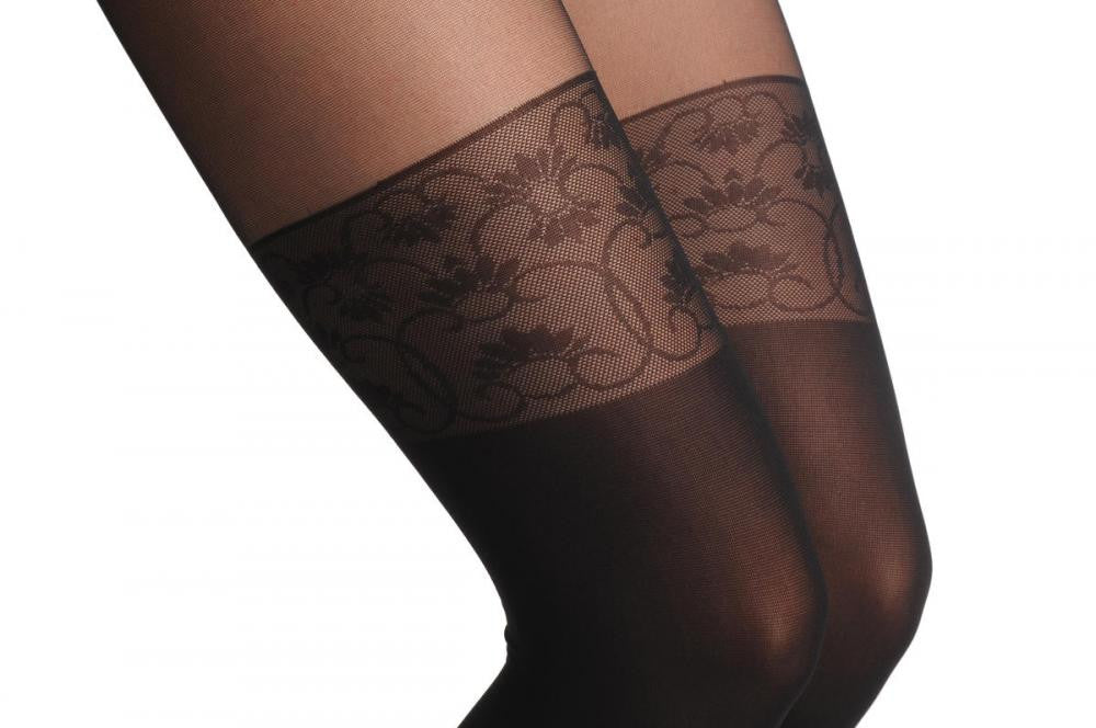 Liss Kiss Black Faux Stockings With Floral Woven Lace Top 60 Den - Tights