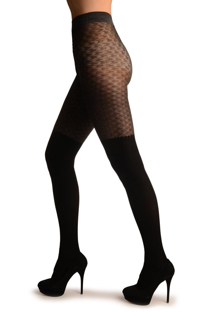 Liss Kiss Black Faux Stockings With Grey Dogtooth Top Tights - Tights