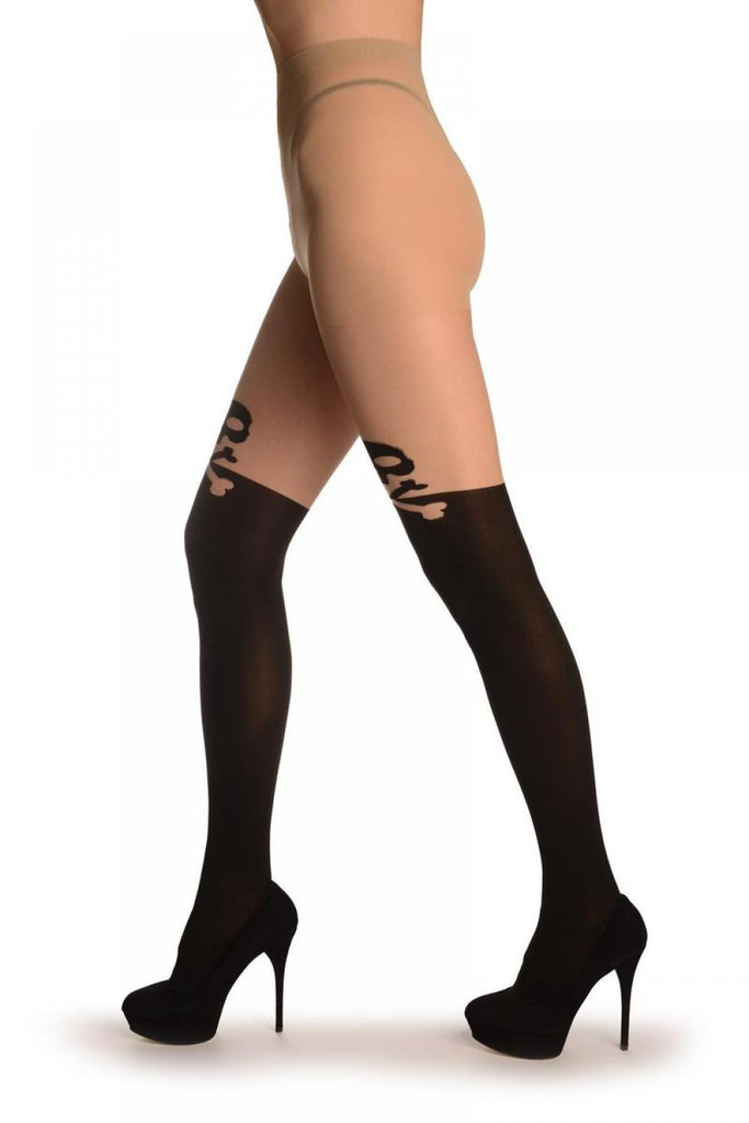 Liss Kiss Black Faux Stockings With Large Crossbones Shaped Top - Tights