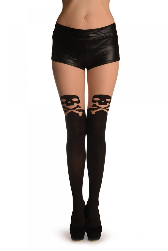 liss kiss Black Faux Stockings With Large Crossbones Shaped Top - Tights