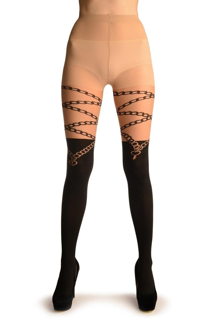 Liss Kiss Black Faux Stockings With Lock & Key Wrapping Chain - Tights
