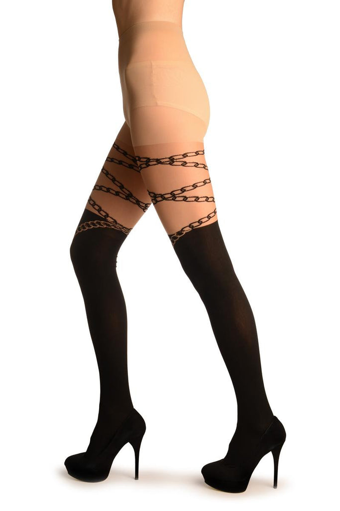 Liss Kiss Black Faux Stockings With Lock & Key Wrapping Chain - Tights