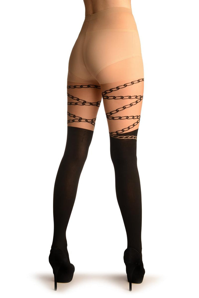 Liss Kiss Black Faux Stockings With Lock & Key Wrapping Chain - Tights