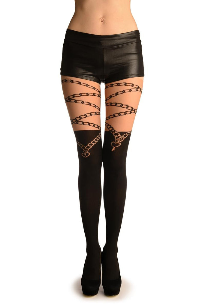 liss kiss Black Faux Stockings With Lock & Key Wrapping Chain - Tights