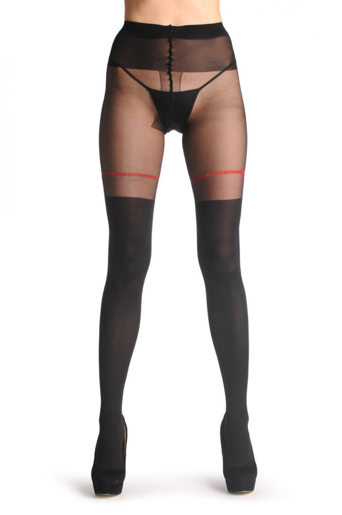 Liss Kiss Black Faux Stockings With Red Ribbon & Bow 60 Den - Tights