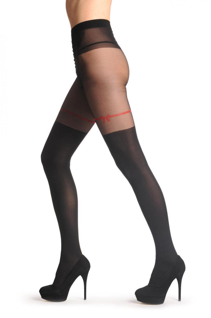 liss kiss Black Faux Stockings With Red Ribbon & Bow 60 Den - Tights