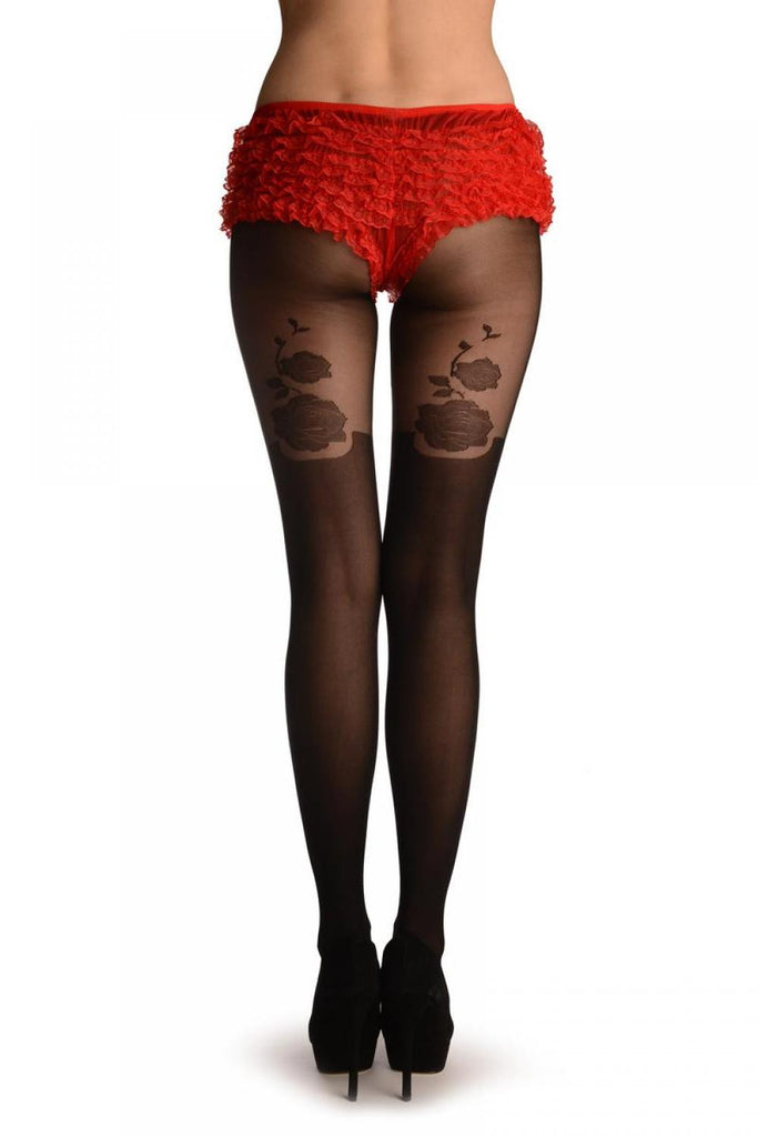 liss kiss Black Faux Stockings With Roses At The Back - Tights