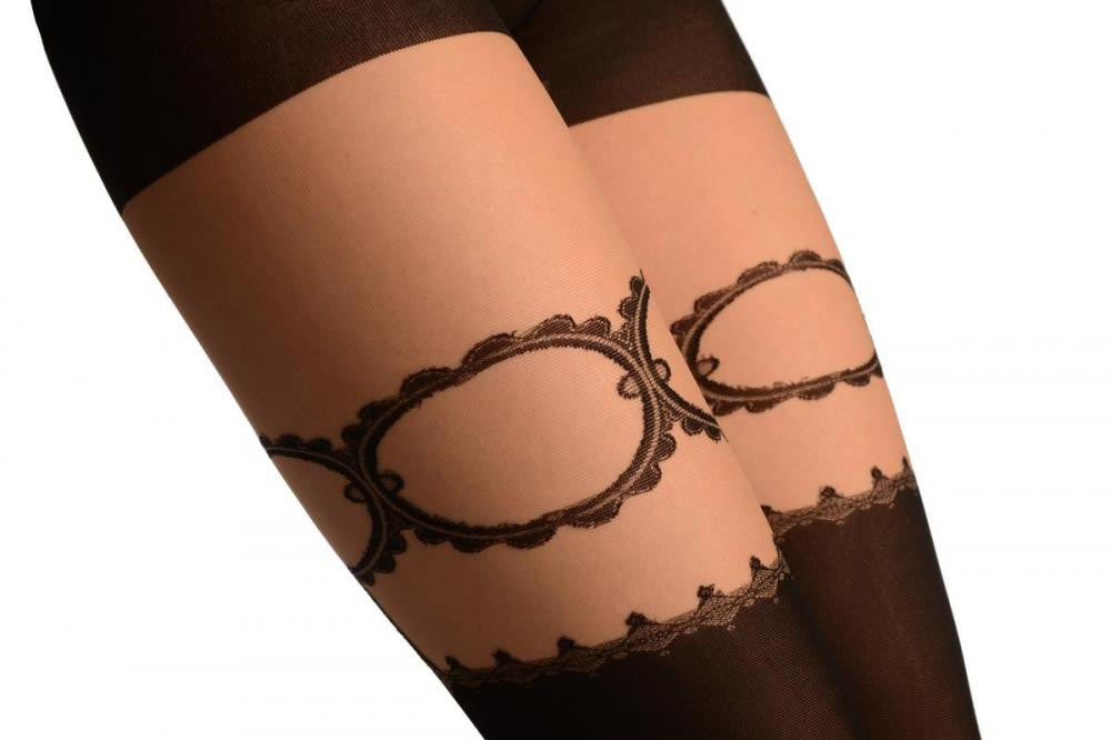 Liss Kiss Black Faux Stockings With See Through Back - Tights