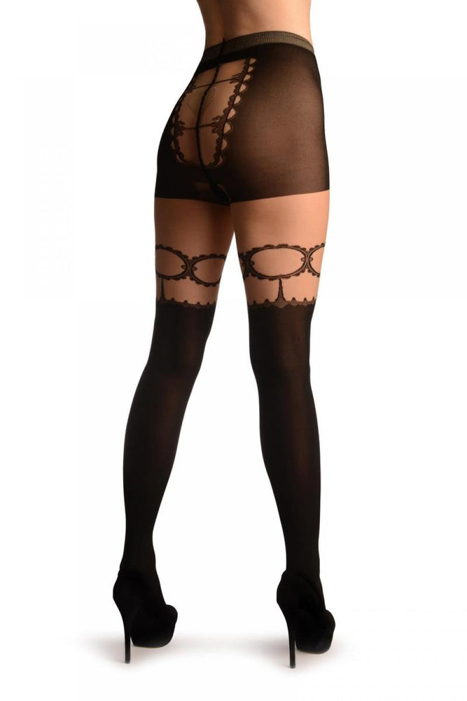 liss kiss Black Faux Stockings With See Through Back - Tights