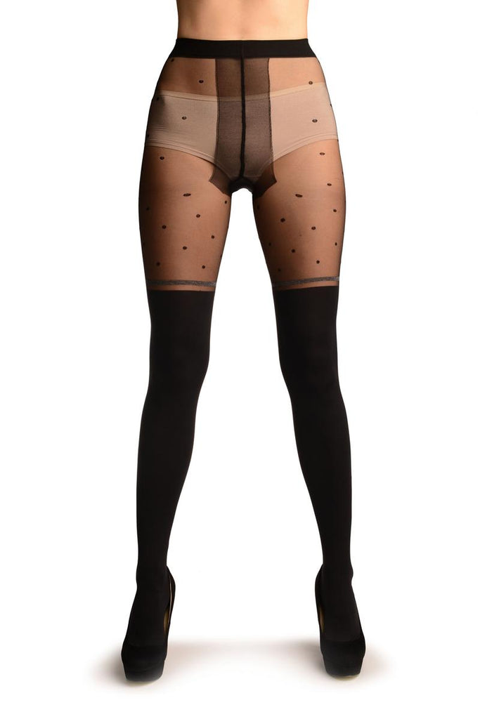 Liss Kiss Black Faux Stockings With Sheer Spotty Top Tights - Tights
