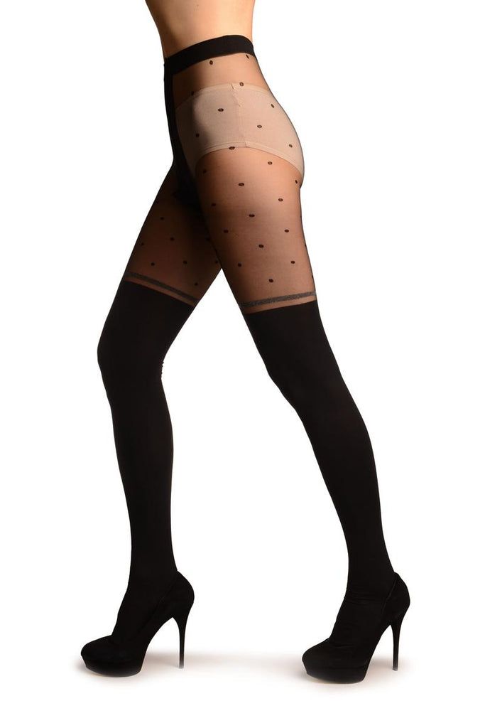 Liss Kiss Black Faux Stockings With Sheer Spotty Top Tights - Tights