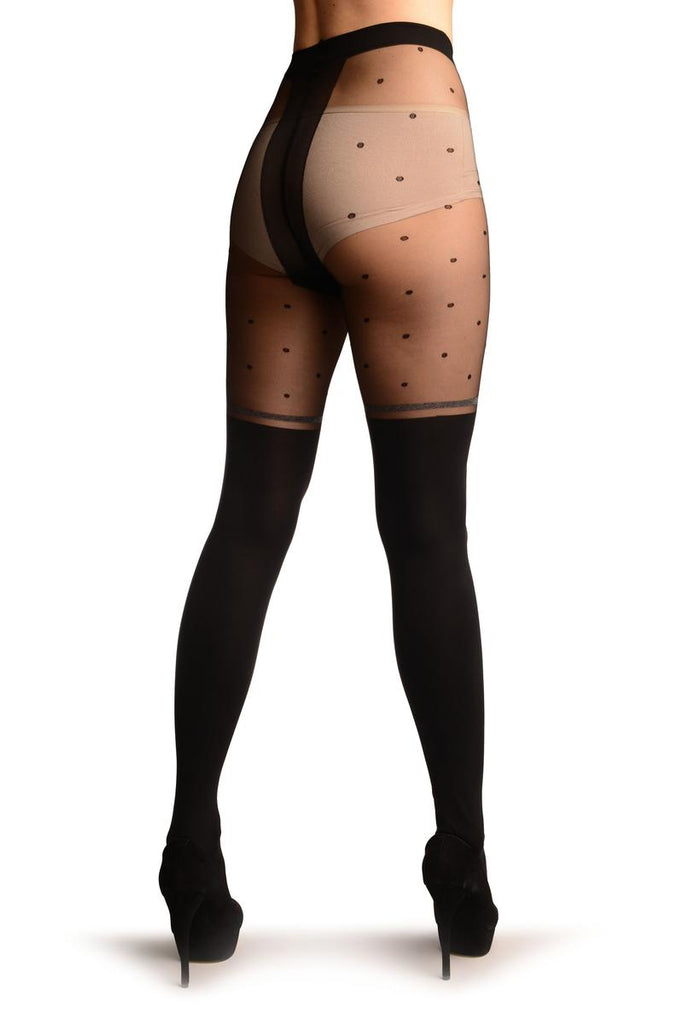 Liss Kiss Black Faux Stockings With Sheer Spotty Top Tights - Tights