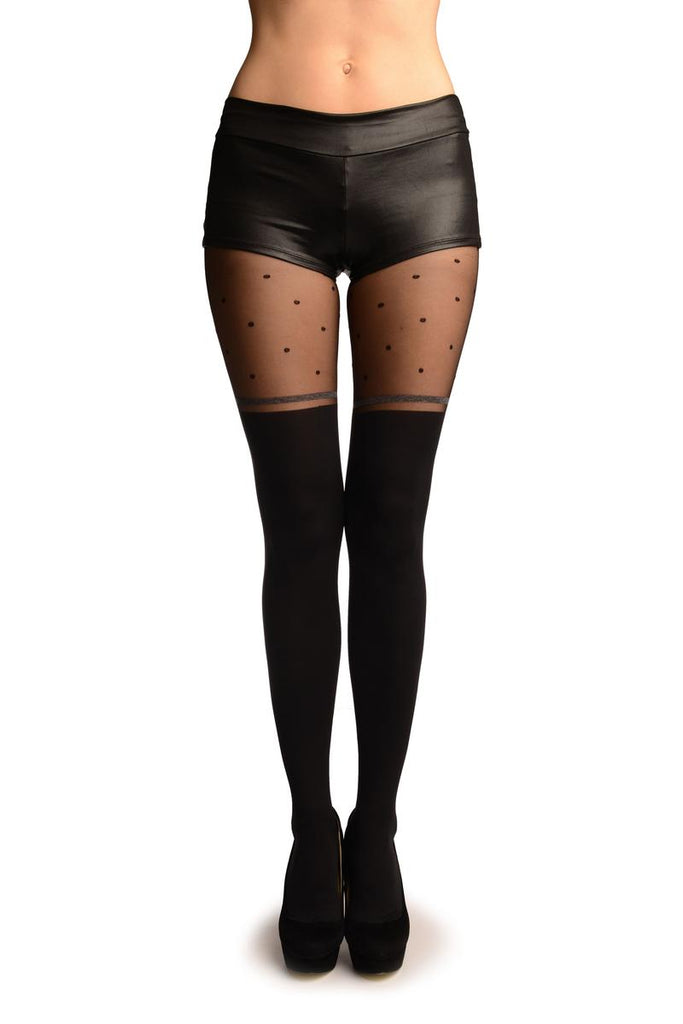 liss kiss Black Faux Stockings With Sheer Spotty Top Tights - Tights