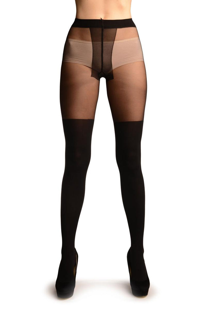 Liss Kiss Black Faux Stockings With Sheer Top Tights - Tights