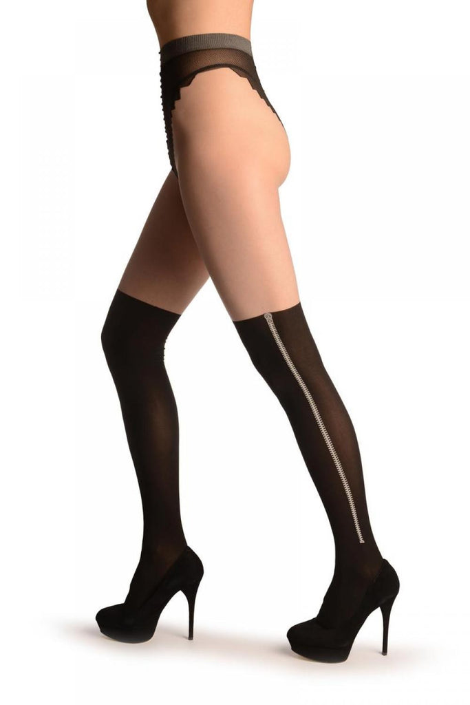 Liss Kiss Black Faux Stockings With Side Zip - Tights