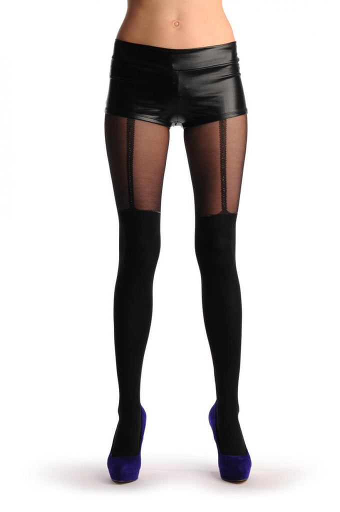 liss kiss Black Faux Stockings With Silver Lurex Top & Suspender Belt - Tights