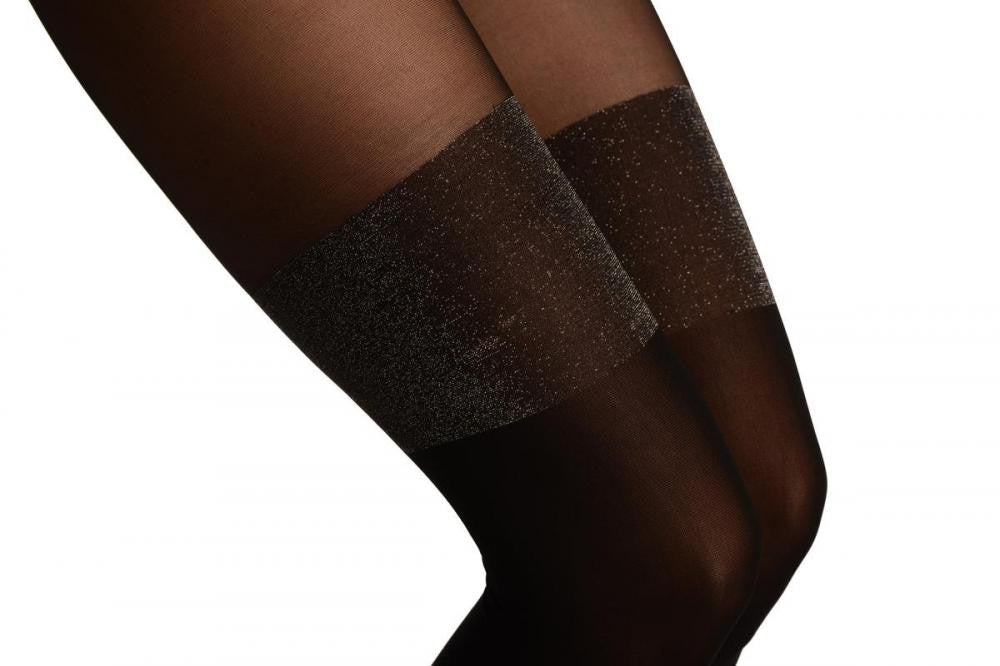 Liss Kiss Black Faux Stockings With Silver Lurex Top - Tights