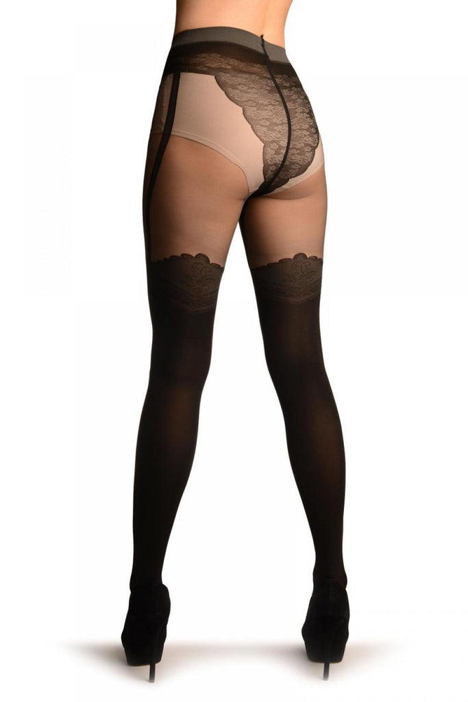 Liss Kiss Black Faux Stockings With Suspenders & Sheer Top Tights - Tights