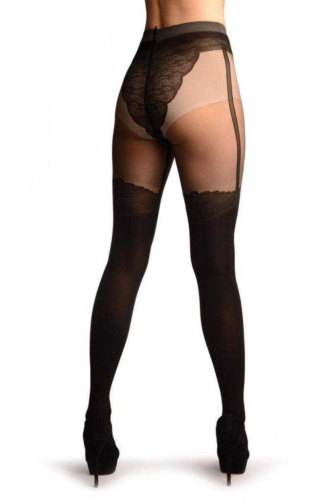 liss kiss Black Faux Stockings With Suspenders & Sheer Top Tights - Tights