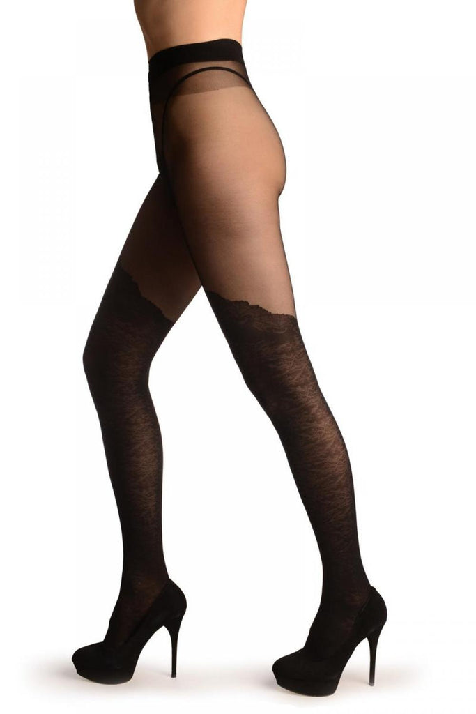 Liss Kiss Black Faux Stockings With Vintage Floral Pattern - Tights