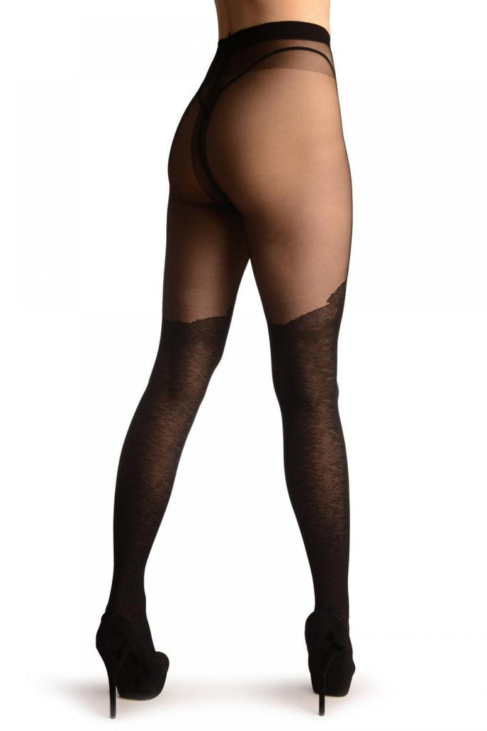 Liss Kiss Black Faux Stockings With Vintage Floral Pattern - Tights