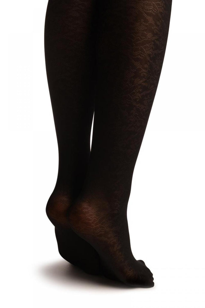 Liss Kiss Black Faux Stockings With Vintage Floral Pattern - Tights