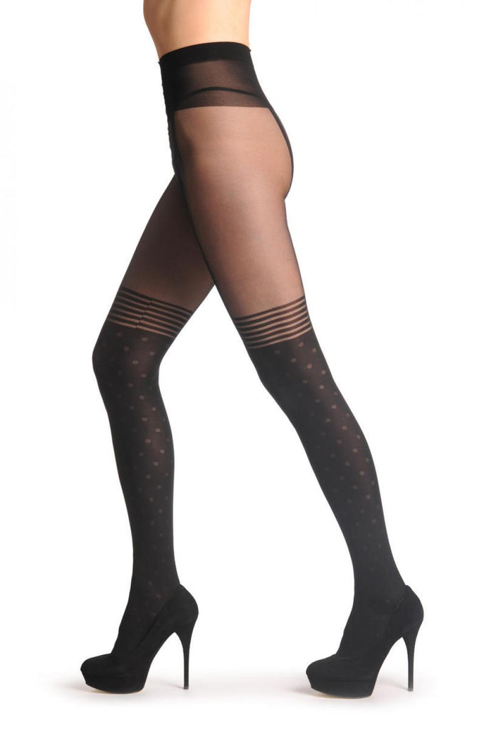 Liss Kiss Black Faux Suspender Dotted Tights With Striped Top 60 Den - Tights
