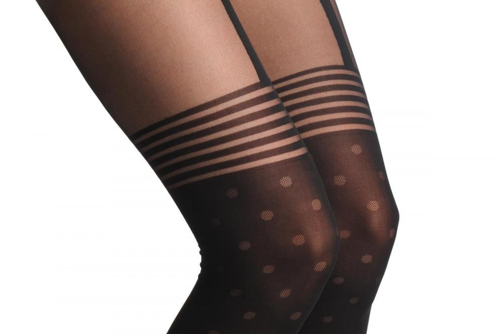 Liss Kiss Black Faux Suspender Dotted Tights With Striped Top 60 Den - Tights