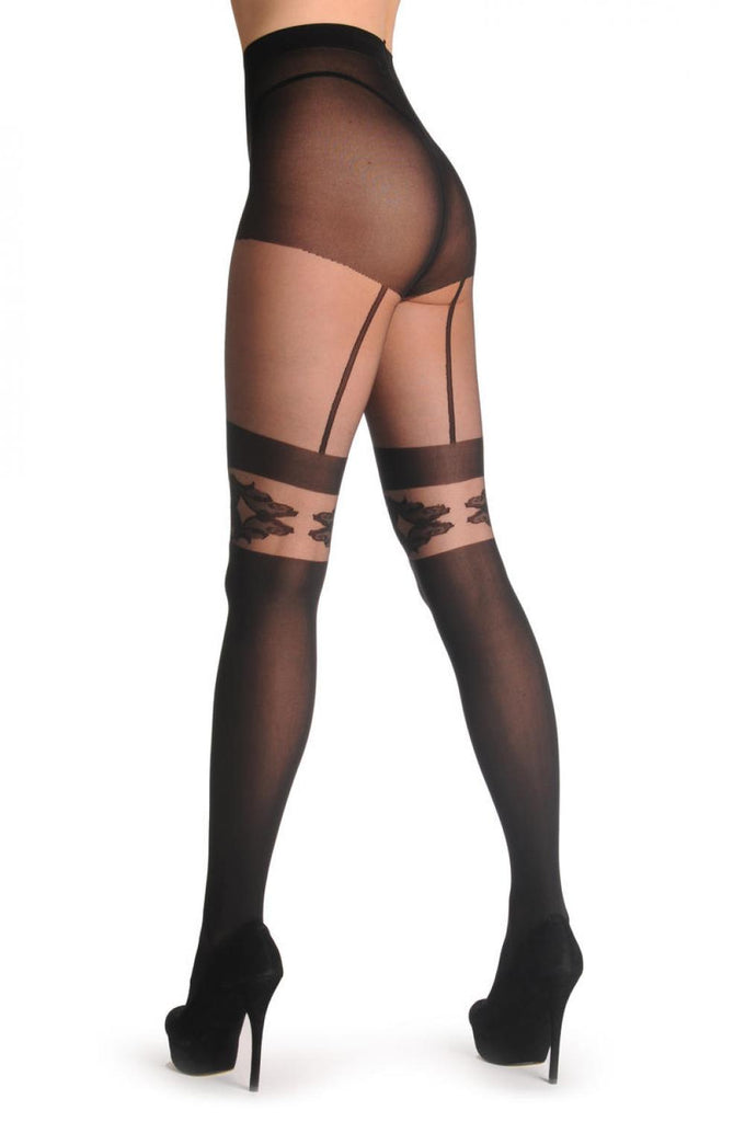 Liss Kiss Black Faux Suspender Stocking With Floral Top 40 Den - Tights