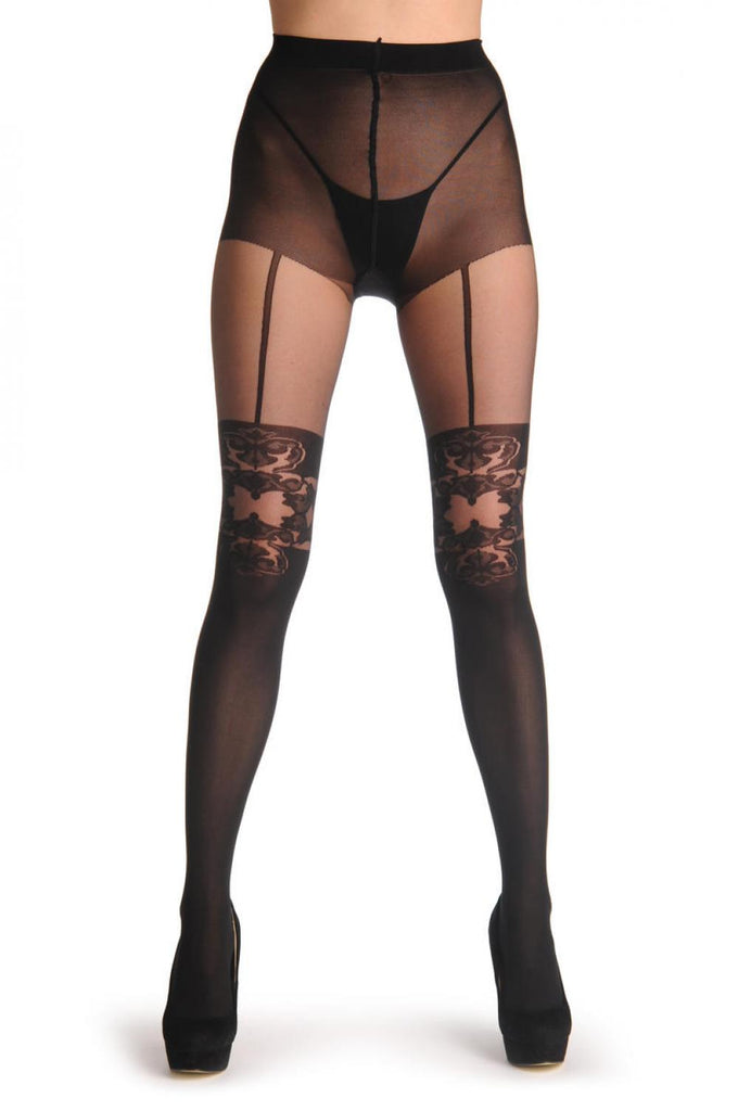 Liss Kiss Black Faux Suspender Stocking With Floral Top 40 Den - Tights